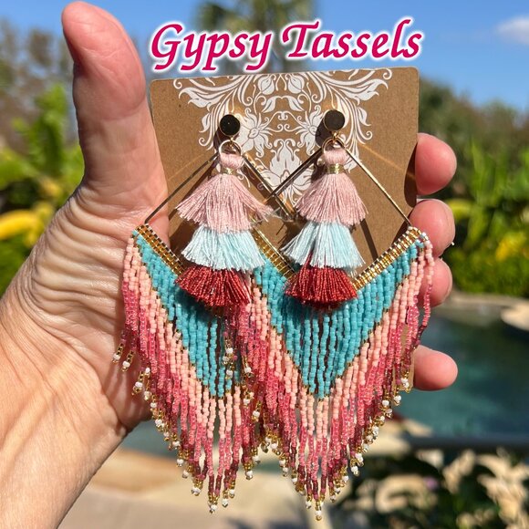 Handmade Beaded Long Tassel Fringe Dangle Drop Bohemian Post Diamond Earrings - Picture 9 of 9